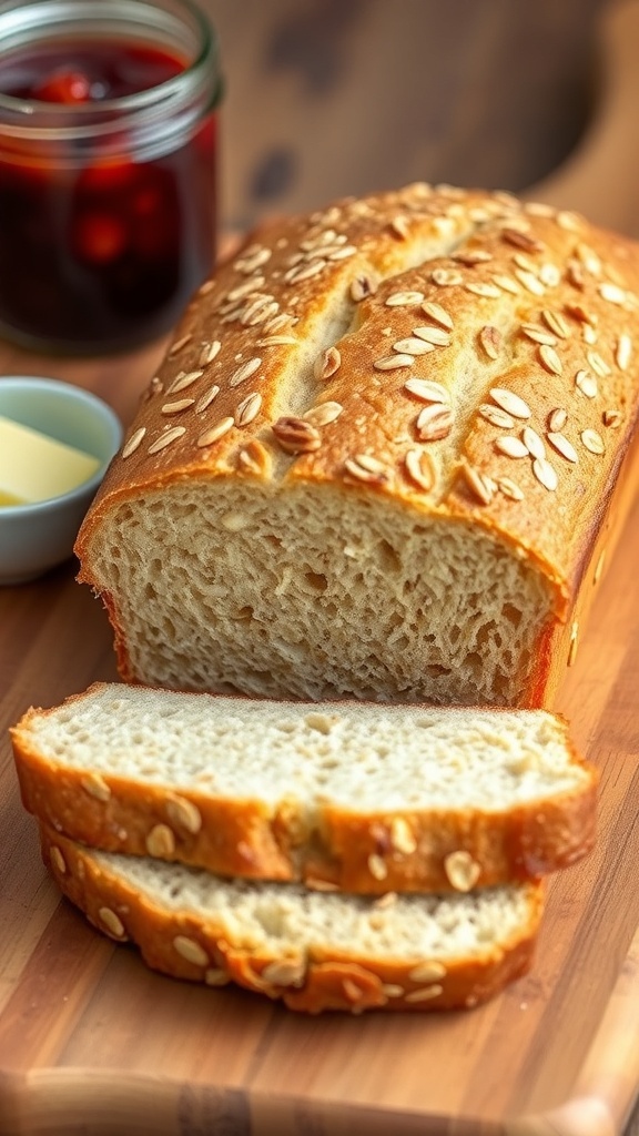 A loaf of oat bread sliced on a wooden board, with butter and jam in the background.